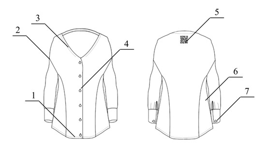 Drawing (front and back side) of jacked with marked placement of the solutions in the final product